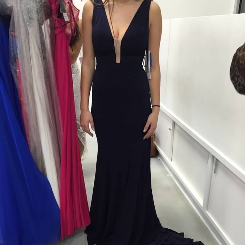 Navy blue gorgeous prom dress with train